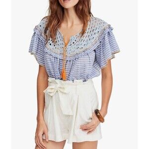 Free People S Womens Blue Allora Striped Blouse Crochet Detail Cottagecore Boho